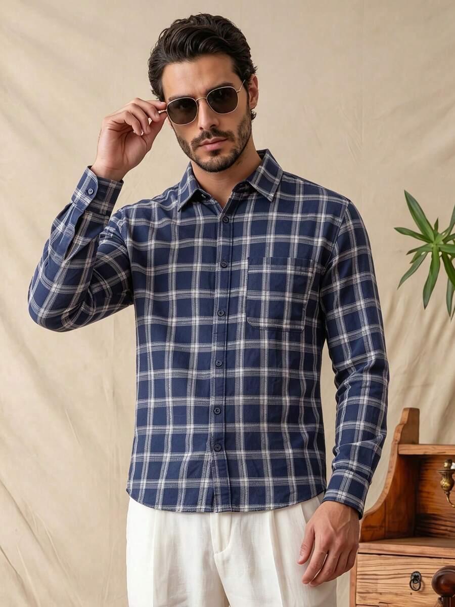 glestore Men's Vintage Casual Printed Long Sleeve Button Down Shirt, Suitable For All Seasons, Versatile - Royal Blue - View 1