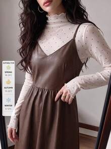 SUNSTORY Women's Autumn Beige Polka Dot Frill Trim Mock Neck Slim Fit Long Sleeve Mesh Top, Suitable For Commuting, Dating, Daily Outings, Party Occasions - White - View 2