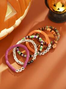 6pcs/Set European Gothic Style Colorful Soft Clay Multi-Layer Stackable Bracelets, Heart Letter Pumpkin Element Wristbands, Couple Holiday Photo Accessories, Autumn/Winter Atmosphere Small Gifts - Multicolor - View 5