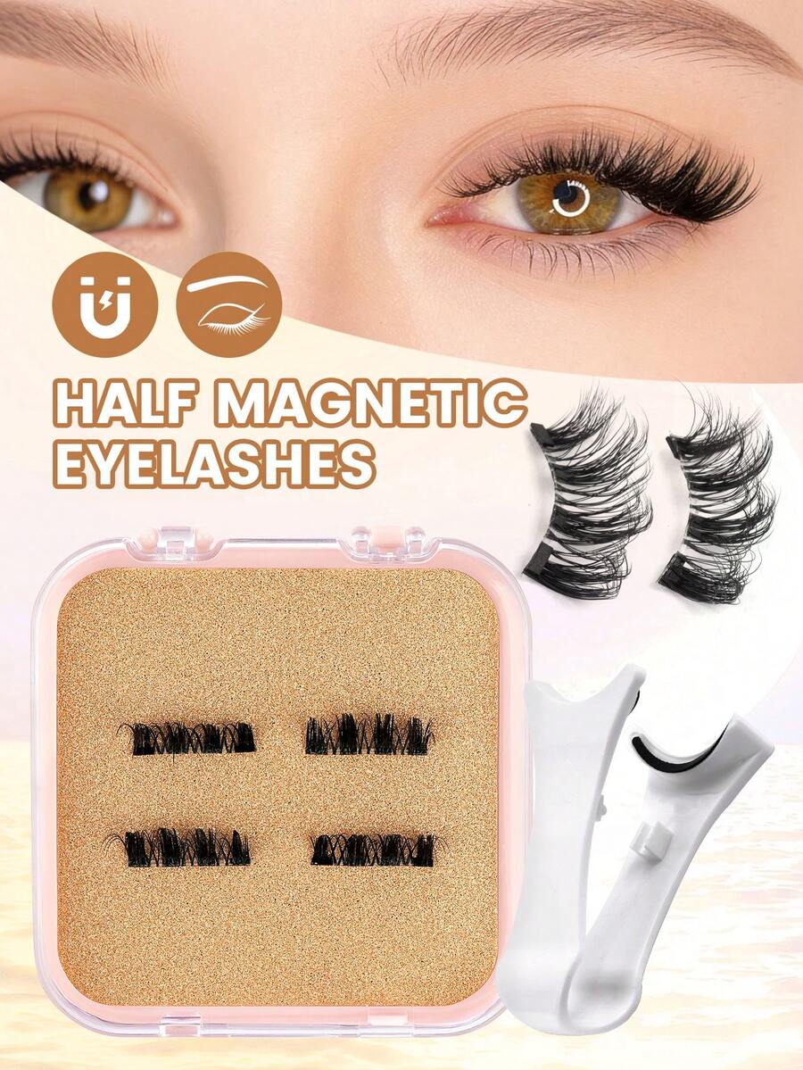 MAANGE 1對磁吸假睫毛－含貼睫毛器、半眼睫毛、短款貓眼睫毛、透明睫毛帶，自然日常、便攜、無需膠水、可重複使用，彩妝師適用、化妝工具、新手必備、節日禮物、條狀假睫毛