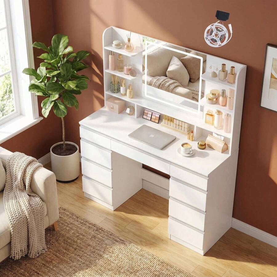 HaluPeit Dressing Table With LED Light, Vanity Desk With 1 Large Drawer And 8 Small Drawer Cabinets, Adjustable Brightness, Large HD Mirror, 9 Open Storage Areas - Silver - View 1