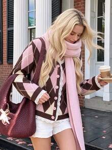 Fall/Winter Argyle Pattern Lace Patchwork Cardigan Going Out Business Fashion Knit Sweater Top - Pink - View 2