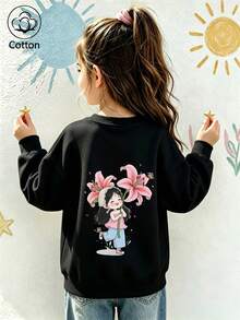 Girls' Cute Printed Drop-Shoulder Round-Neck Long-Sleeve Casual Sports Sweatshirt - Black - View 10