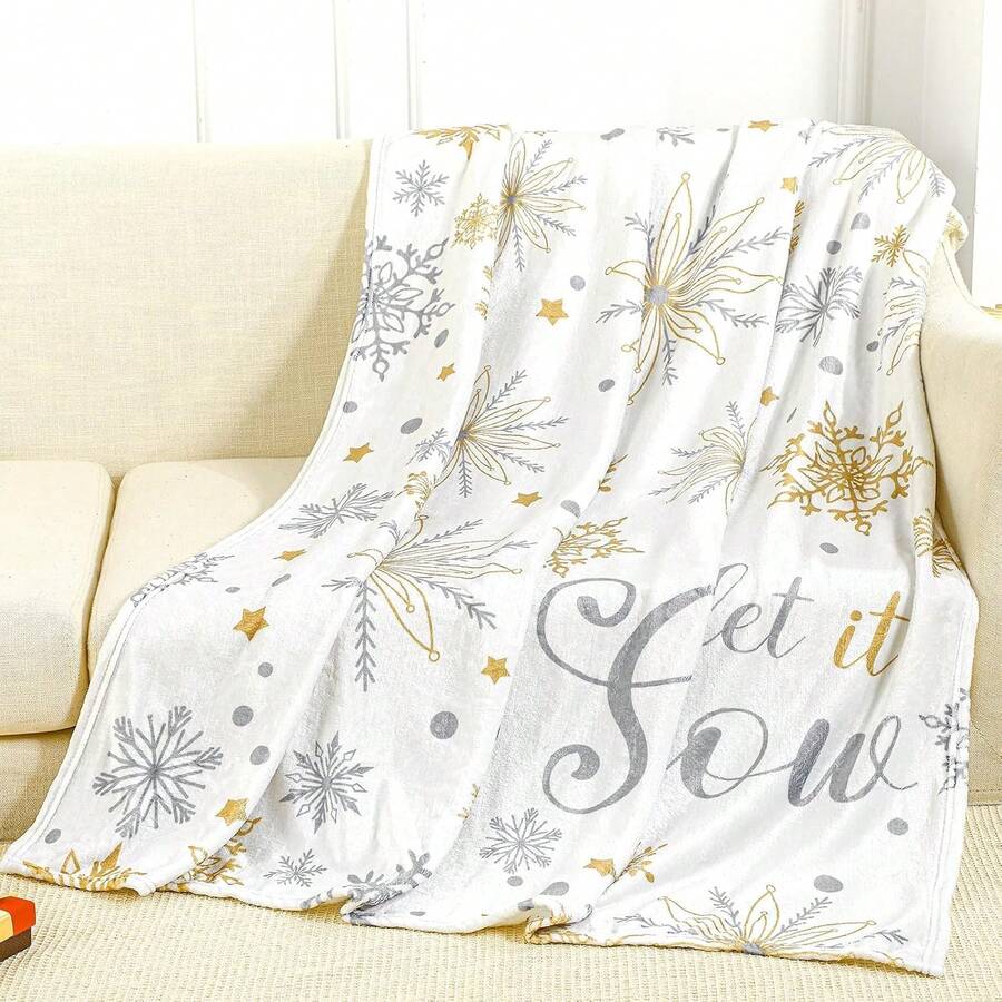 Plush Let It Snow Christmas Throw Blanket Snowflake Winter Decor,Soft Flannel Gold And Silver Snowflake Let It Snow Cozy Fleece For Sofa Bed Couch, Holiday Home Decor Gift - Multicolor - View 1