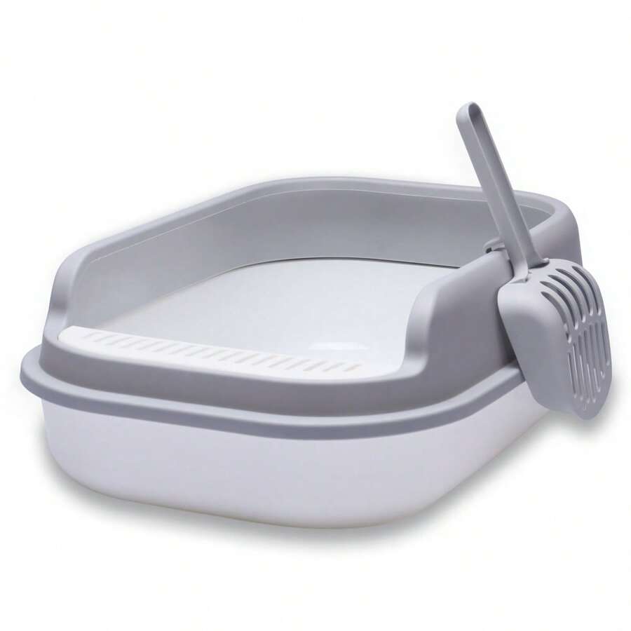 Semi-Open Cat Litter Box With Cleaning Scoop And Sanitary Filter - Champagne - View 1