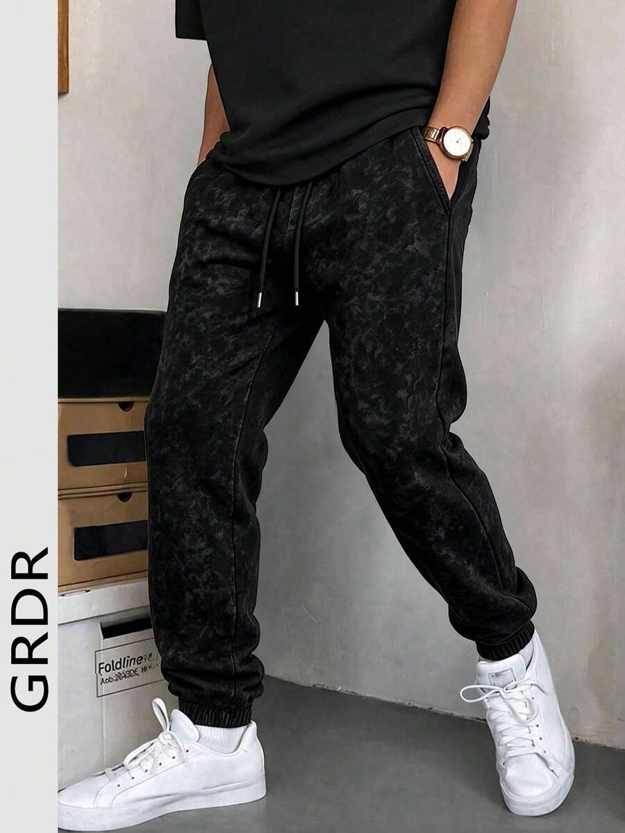 GRDR Vintage Distressed Dark Pattern Tapered Cuffed Sweatpants, Casual Commute Versatile Elastic Waist Sports Pants - Black - View 1