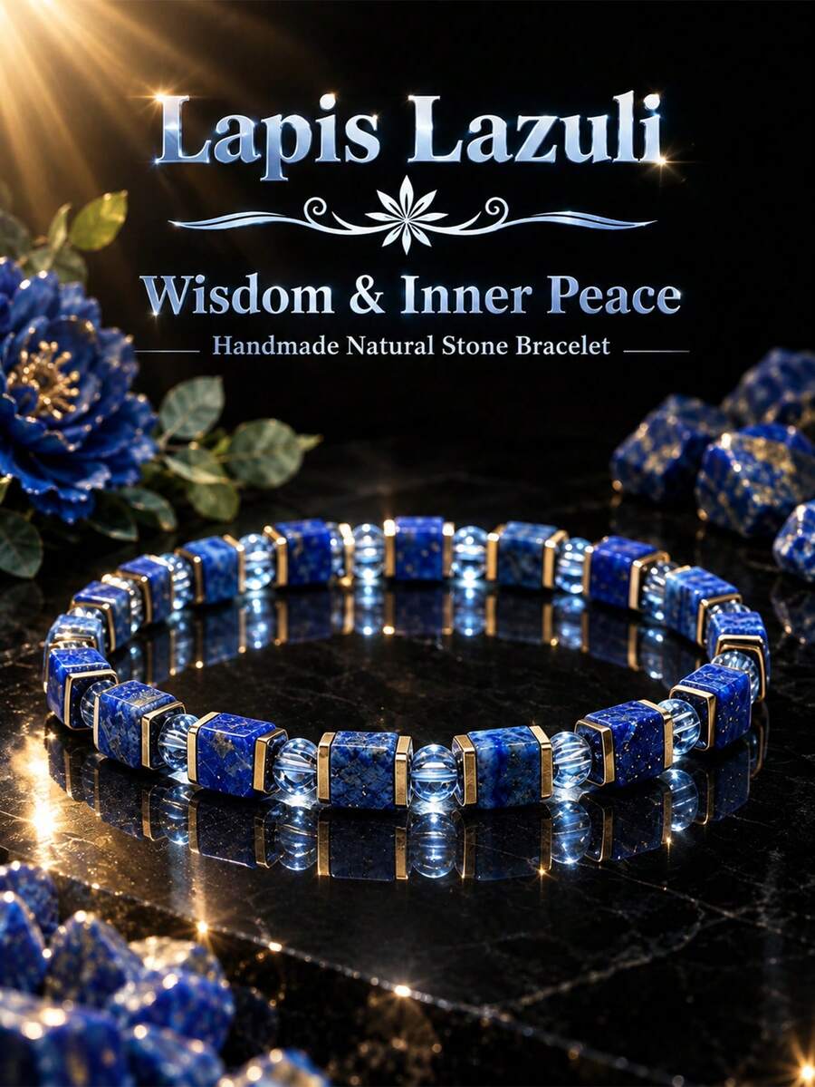 Casual Style Lapis Lazuli 6mm Cube Bead Bracelet, Symbolizing Wisdom And Inner Peace, Handmade Natural Stone Spiritual Jewelry, Suitable For Daily Wear - Multicolor - View 1