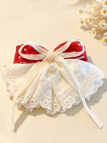 1pc Girls Sweet Cute Autumn New Multi-Color Flocked Polka Dot Bow Lace Ribbon Hair Clip - Red - View 6