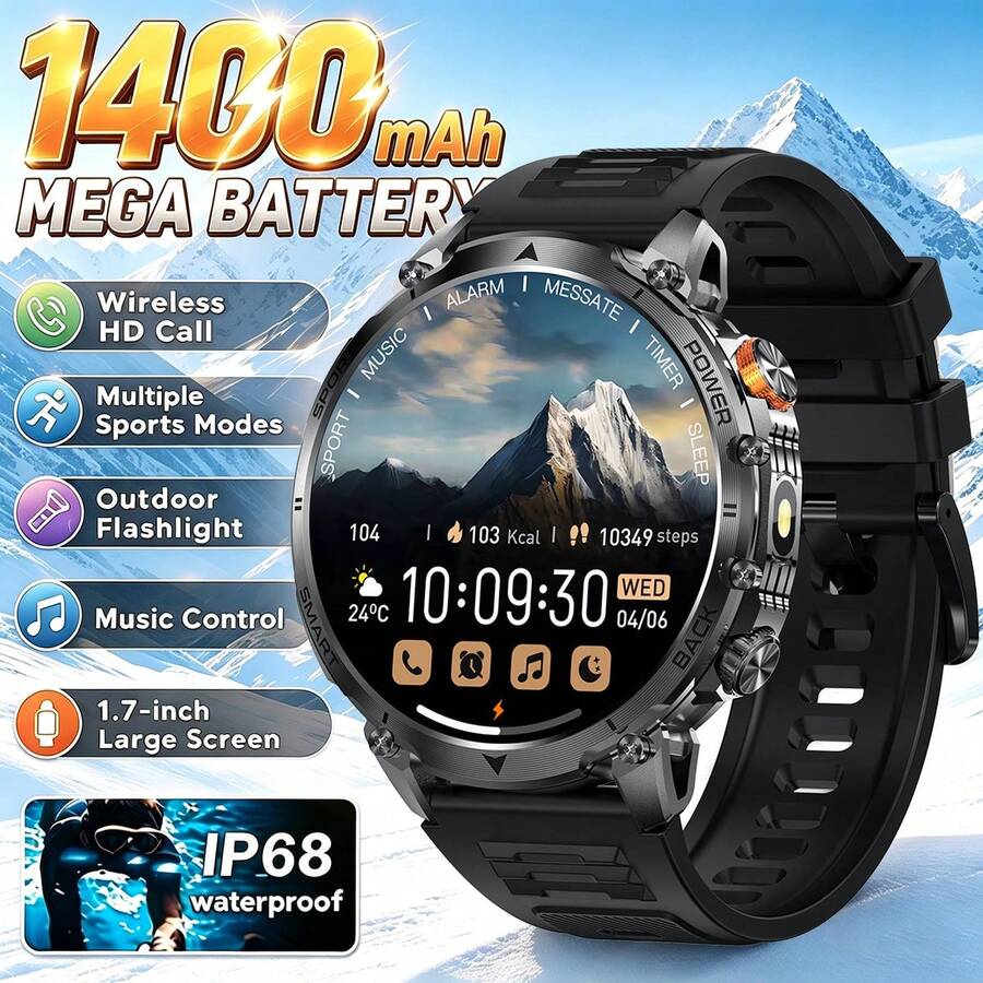 New Upgraded Fashion 1.7" AMOLED Sports Smartwatch, Compass & 1400mAh Large Battery, Wireless/Call Answering, Outdoor LED Flashlight Smartwatch, Message Notification, Pedometer, Compatible With Android And IOS