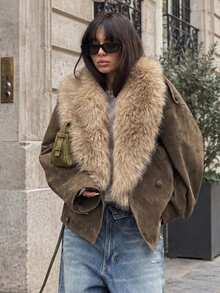 Winter Faux Fur Coat, Natural Women's High-Quality Genuine Leather Jacket With Oversized Faux Fur Collar, Luxury Style - Khaki - View 2