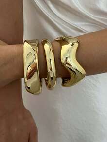 3/1pc Vintage Elegant Old Money Style Geometric Wavy Smooth Plain Bangle Bracelet Set, Casual Versatile For Women's Daily Wear - Yellow Gold - View 3