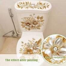 Gold Floral Toilet Sticker Set, Includes Pearl And Rhinestone Elements, Self-Adhesive Vinyl Decals, Elegant Flower Design, Suitable For Toilet Tank, Lid And Bowl Stickers - GOLD - View 6