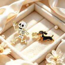 Skeleton & Dachshund Enamel Pins Set, Funny Running Skull And Sausage Dog Brooches For Backpack Jacket, Halloween Gothic Gift For Couples And Friends - Multicolor - View 3