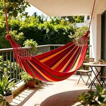 1pc Canvas Cotton Double Hammock For 1 Or 2 People, With Tree Hanging Straps, Portable & Comfortable, Suitable For Patio, Backyard, Outdoor, Indoor, Home, Garden, Camping, Travel, Red & Blue Color, Best Gift Choice (Includes Tie Ropes And Storage Bag) - Multicolor - View 7