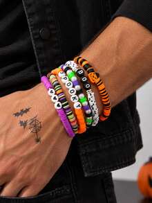 6pcs/Set European Gothic Style Colorful Soft Clay Multi-Layer Stackable Bracelets, Heart Letter Pumpkin Element Wristbands, Couple Holiday Photo Accessories, Autumn/Winter Atmosphere Small Gifts - Multicolor - View 2