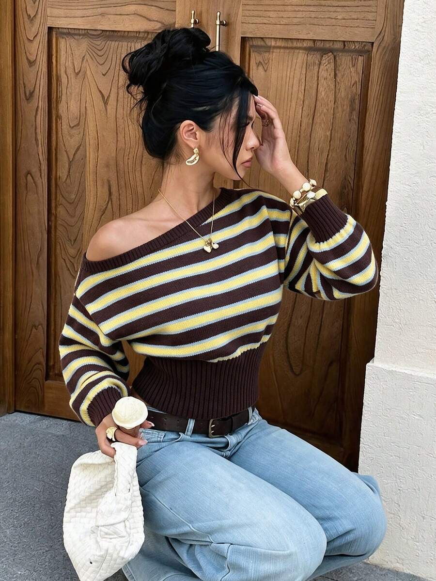 Women's Autumn/Winter Casual Striped Color-Block Asymmetrical Shoulder Loose Top & Tight Bottom Fashion Sweater - Multicolor - View 1
