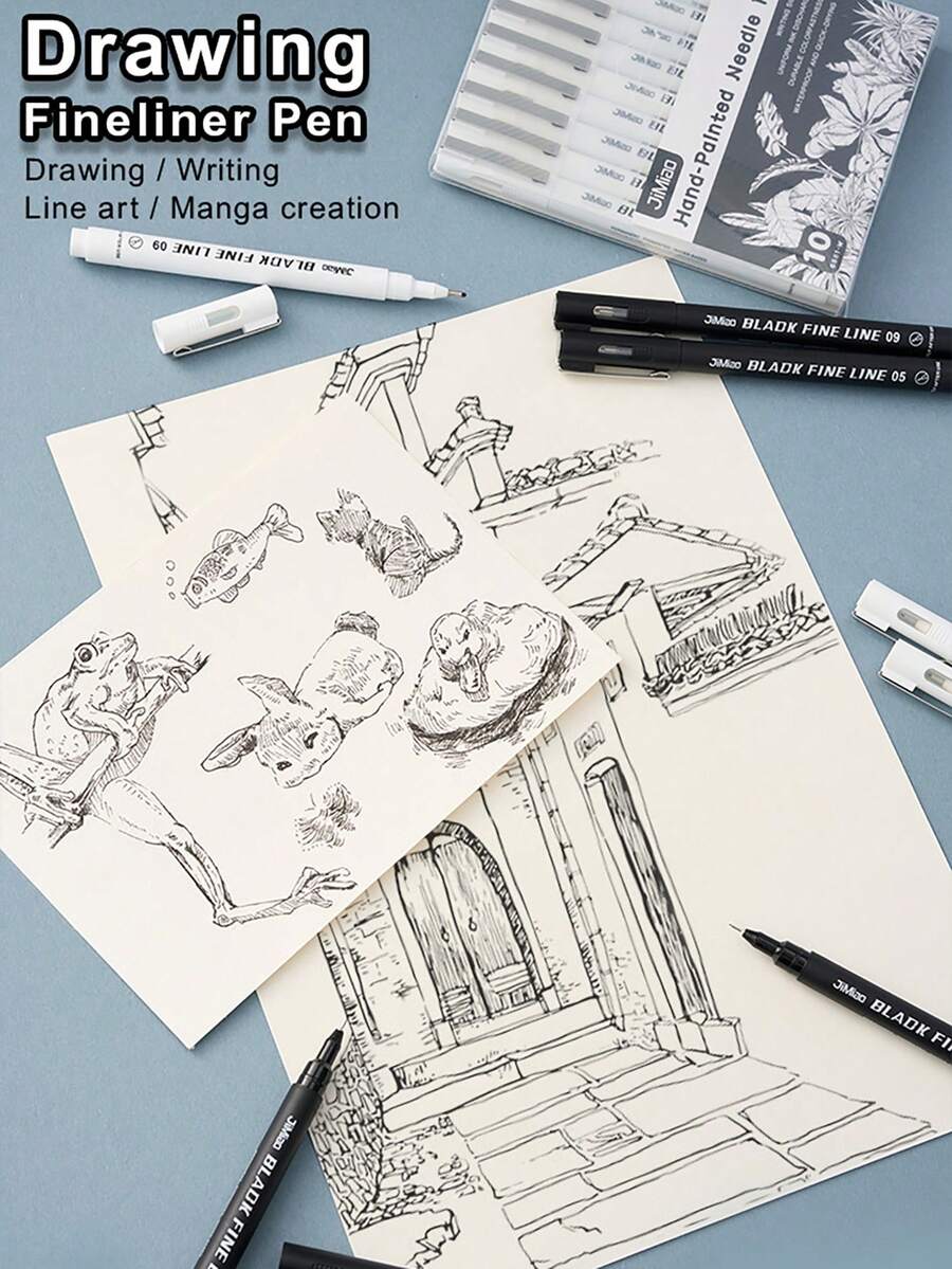 10pcs Hand-Drawn Technical Pens With 10 Different Nib Sizes, Black Waterproof Quick-Dry Fineliner Pens, Smooth Ink Flow Fade-Resistant Drawing Pens For Artists, Manga, Illustration, Engineering Sketches And Bullet Journals - Pencil - View 1