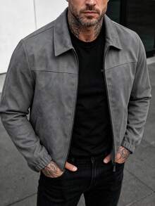 Men's Casual Lightweight Jacket, Minimalist Versatile Fashion Lapel Collar Outerwear For Spring & Autumn - Grey - View 3