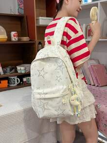 Star Print Nylon Backpack For Girls, Large Capacity Student School Bag With Multiple Compartments, Suitable For Elementary, Middle And High School Students, Commuting, Travel, Shopping, Campus Casual, Cute Backpack With Cute Pendant, Multiple Colors Available - A - View 5