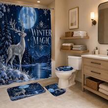 Set Dekorasi Kamar Mandi Multifungsi Moon Night Motif Rusa Perak 1pc/4pcs, Tirai Shower dengan 12 Kait Gratis, Keset Lantai Bentuk U dan Penutup Dudukan Toilet Bulat Premium untuk Suasana Liburan, Cocok untuk Semua Dekorasi Ruangan - Rusa Perak di Bawah Cahaya Bulan - View 4