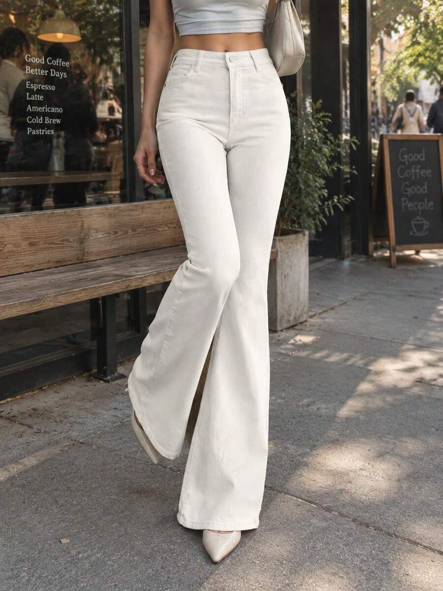 Women High Waist White Split Hem Flare Denim Jeans Light Wash Casual ...