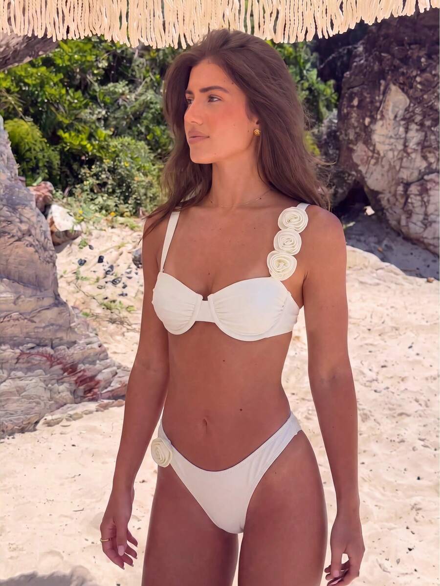 Bikinx Women's Solid Color Underwire Bikini With 3D Floral Design, Sexy Split Bikini Suitable For Summer Beach Vacation