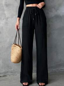 Casual Fashion Versatile Drawstring Loose Fit Women's Wide Leg Pants, Autumn/Winter New Style, Suitable For Daily Commute Black - Black - View 1