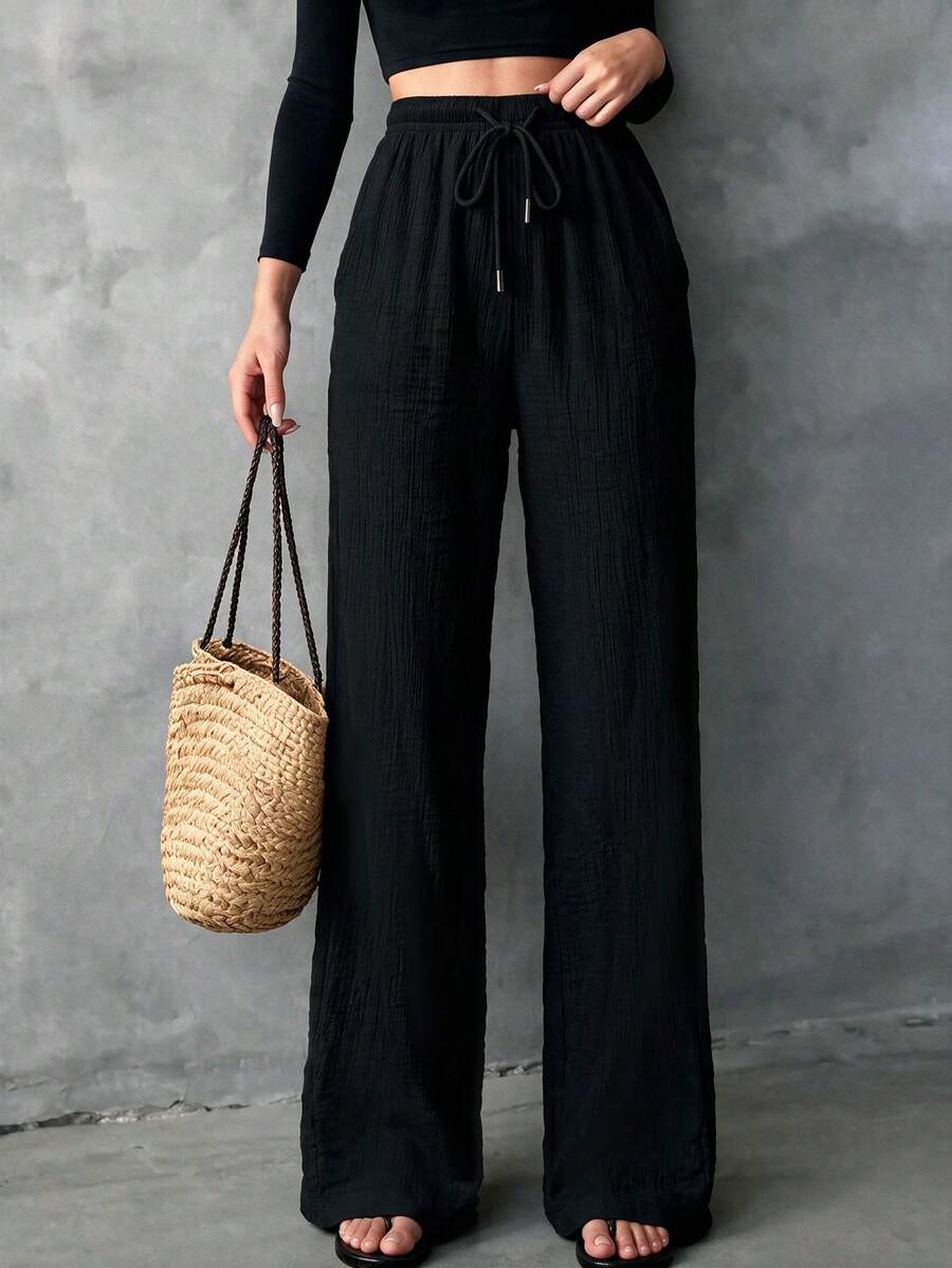 Casual Fashion Versatile Drawstring Loose Fit Women's Wide Leg Pants, Autumn/Winter New Style, Suitable For Daily Commute Black - Black - View 1