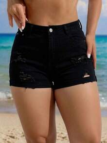Women Denim Shorts - Pure Black - View 2