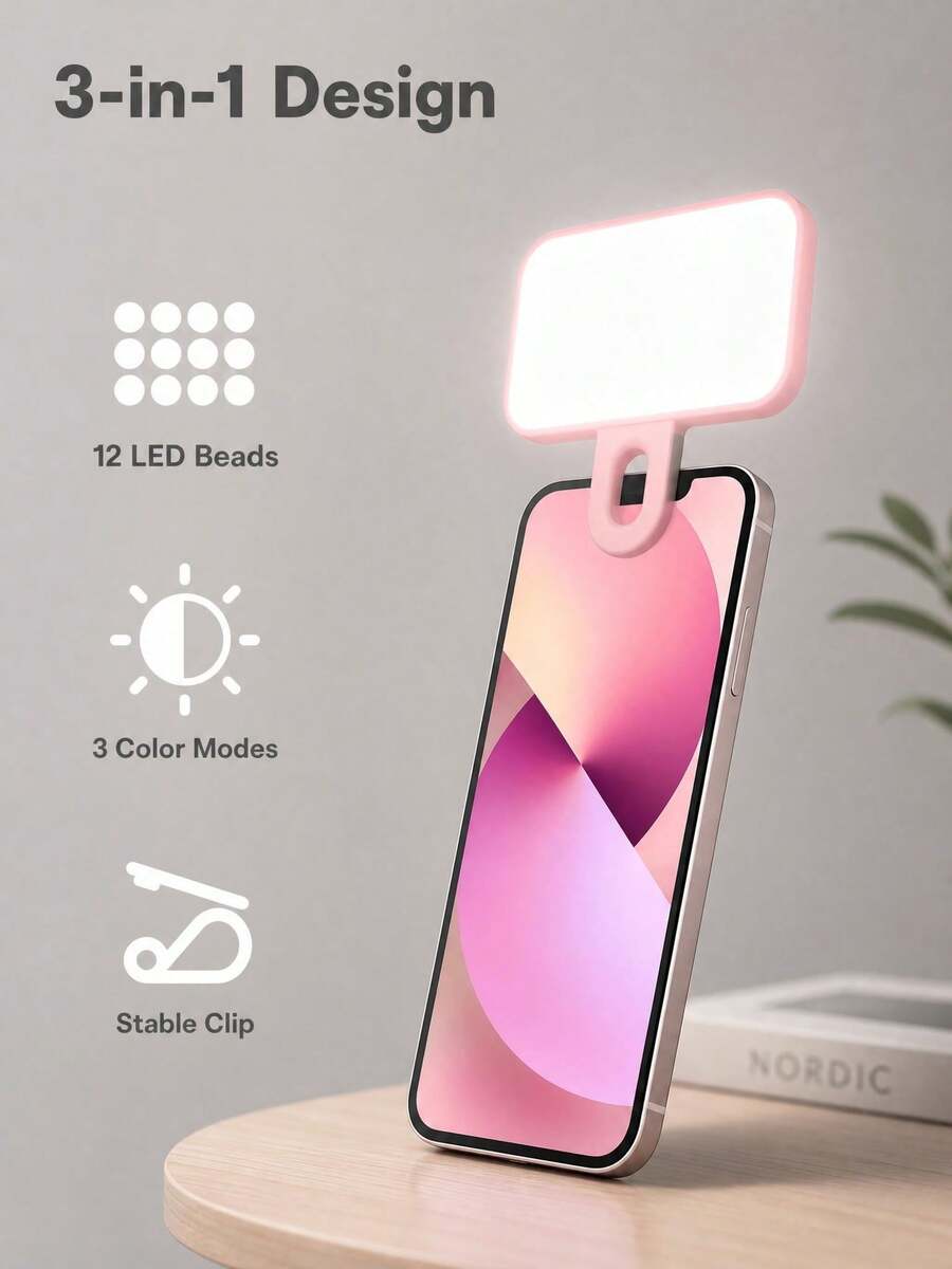 1PC Portable LED Clip On Mobile Phone Fill Light, Rechargeable, Camera Light, Mobile Phone Photography Accessories, 3 Color Temperature Adjustable Selfie Lights, Used For Live Streaming, Makeup, Video Calls, Travel, Holiday Essentials 250mAh