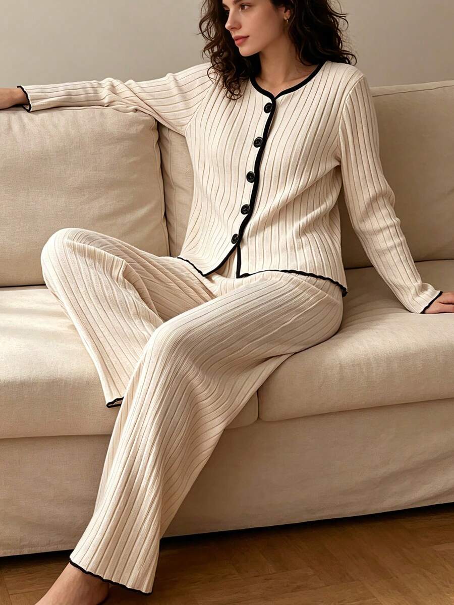 Set Piyama Rajut Bertekstur untuk Anak Perempuan, Atasan Lengan Panjang Kancing Depan dengan Trim Hitam Kontras & Celana Pinggang Elastis, Baju Tidur dan Loungewear Lembut Slim untuk Remaja - Putih - View 1