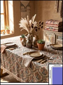 1pc Beige Background Blue Red Green Vintage Paisley Floral Pattern Tablecloth, Retro Bohemian Style Woven Fabric Material, Rectangular Beige Tassel Edge Detail, Stain-Resistant Protective And Decorative Function For Home Dining Table, Suitable For Bohemian Dining Table Decor And Daily Home Scenes - Khaki - View 16