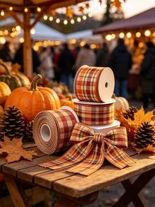 1pc Autumn Thanksgiving Plaid Handmade Ribbon, Suitable For Gift Wrapping, Bow Making, Table And Home Party Decor, Suitable For Autumn Harvest, DIY Crafts, Decorative Trees, Wreaths, Halloween And Holiday Decor, Thanksgiving Autumn Festival Gift Wrapping - Multicolor - View 1