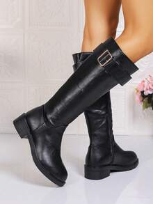 Women's Vintage Belt Buckle High Shaft Riding Boots, Round Toe Low Chunky Heel Side Zipper Tall Boots, Autumn/Winter Commute Versatile Slimming Long Boots, Black/Brown Available - Black - View 3