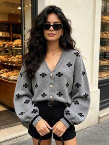 Women's Autumn/Winter Minimalist Clover Design Contrast Color Metal Button Cardigan, Fashionable Elegant Loose Casual Versatile Knit Sweater Long Sleeve Jacket Top - Grey - View 9
