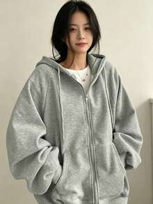 YCYC 女款秋冬純色落肩長袖休閒寬鬆抽繩抓絨衛衣 - 淺灰色 - 查看 5