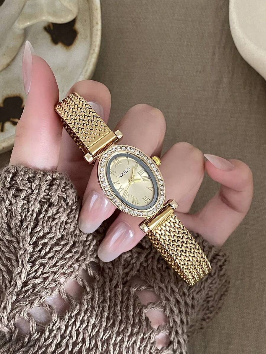 1件女款橢圓石英手錶-金色錶盤羅馬數字刻度獨特錶帶-時尚且適合日常配戴 - 金色 - 查看 1