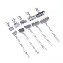 4pcs Stainless Steel Ribbon Leather Cord End Fastener Clasps With Chains Lobster Clasps Connectors For Bracelet Diy Making - Steel - View 2