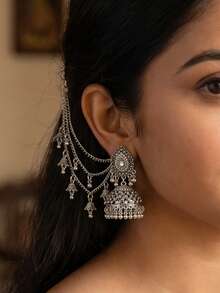 Elegant Rhinestone Gold Jhumka Earrings With Tassel Hair Chain, Traditional Middle Eastern Large Hoop Earrings, Suitable For Wedding Jewelry Or Party Wear - Teardrop Style - View 11