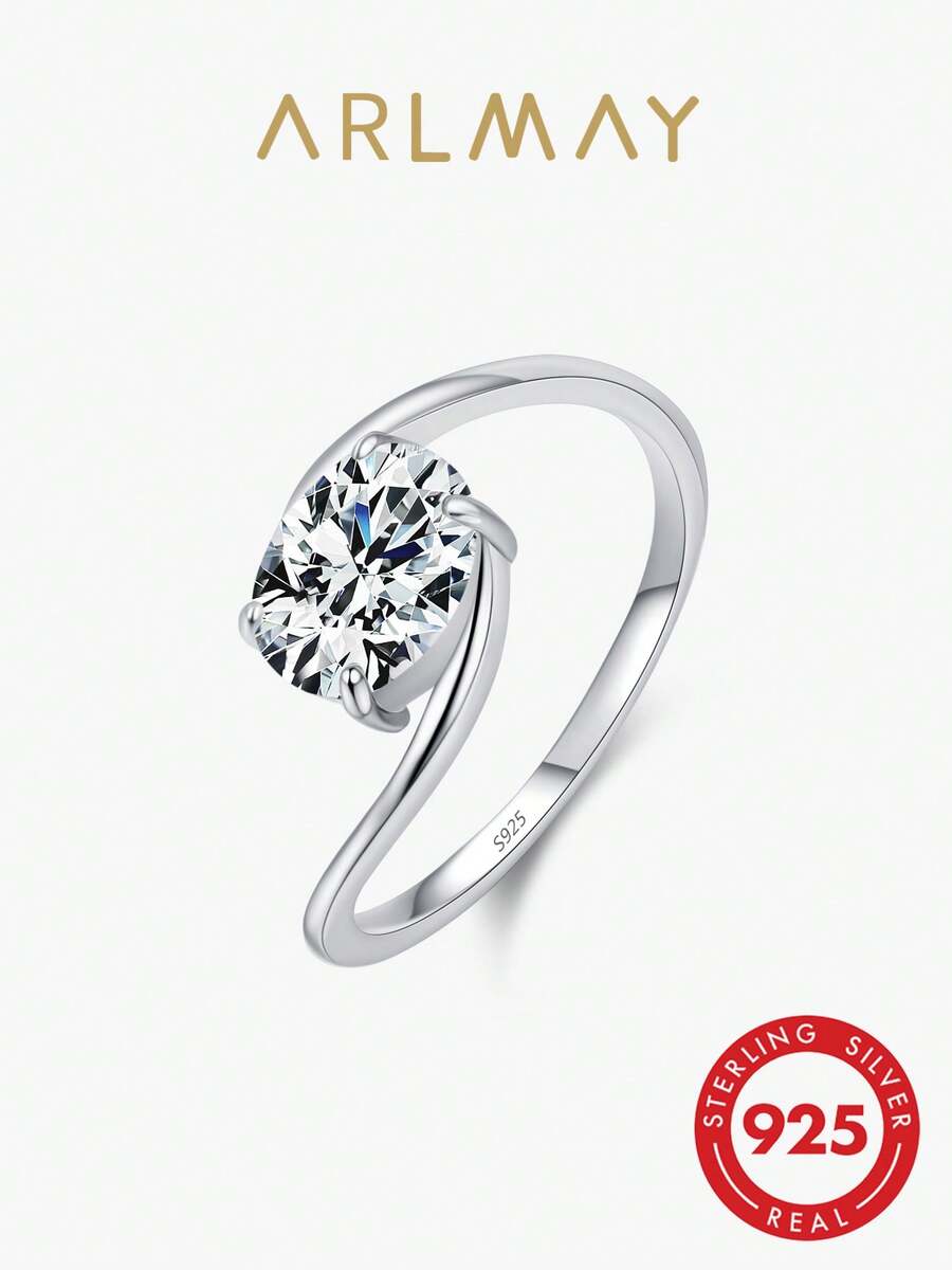 Arlmay 1pc 925 Sterling Silver Delicate Round Cubic Zirconia Line Finger Rings For Women Wedding Engagement Fine Jewelry - Silver - View 1