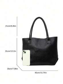 Women's Large Capacity Solid Color Woven Texture Tote Bag, Unique Design Shoulder Handbag, Versatile For Commuting, Shopping And Daily Outings - Black - View 5