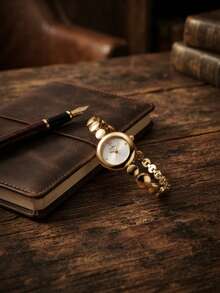 1pc Golden Disc Bracelet-Style Ladies Quartz Watch - Vintage Style, Suitable For Daily Wearing And Gift Giving - White - View 3