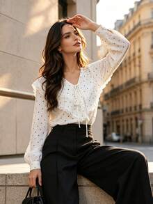 Fall Vintage White Polka Dot V Neck Tie Blouse, Elegant Lace Double Ruffle Bubble Long Sleeve Shirt For Fall Winter - Black and White - View 9