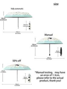 1pc Fully Automatic/Semi-Automatic Black Vinyl UV Protection Manual Portable Lightweight Cartoon Umbrella For Rain And Sun - As Shown - View 4