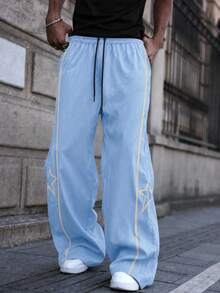 Krometka Men's Side Stripe & Star Print Wide Leg Sweatpants, Drawstring Elastic Waist Loose Straight Leg American Casual Sports Long Pants - Blue - View 2