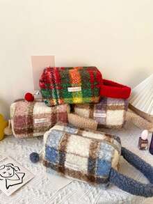 Autumn/Winter Atmosphere Plaid Plush Handbag Tote Storage Bag Large Capacity Portable Skincare & Makeup Organizer Bag - Multicolor - View 2