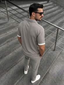 Waffle Knit Casual 2 Pieces Set Half-Zip Polo Shirt With Contrast Cuff Short Sleeve & Straight Leg Pants Light Business Commute Spring Summer Outfit - Grey - View 2