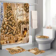 1pc/4pcs Gold Christmas Tree Pattern Multifunctional Bathroom Decor Shower Curtain Set Free 12 Hooks Premium Holiday Atmosphere Bathroom Mat U-Shaped Floor Mat And Round Toilet Lid Cover Suitable For All Scenes Decoration Bathroom Set - Gold Christmas Tree 3 - View 9