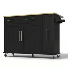 Kitchen Island With Drop Leaf, Storage Trolley With 3-Tier Pull-Out Cabinet Organizer, Internal Storage Rack, Rolling Cart With Towel Holder & 2 Drawers Dining Room, Black - Black+Natural + MDF - View 6