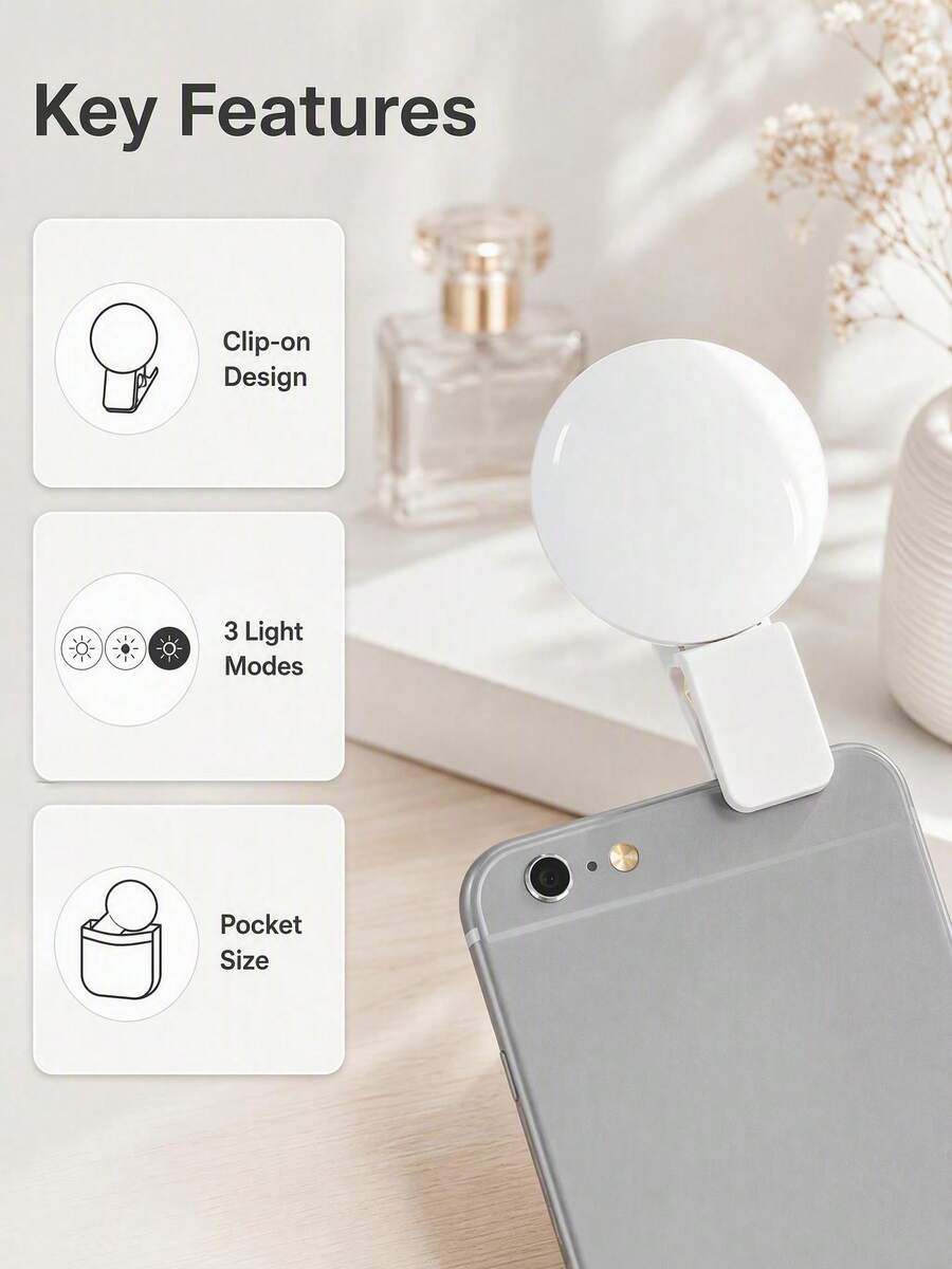 Mini Portable Clip-On Selfie Fill Light, 3 Lighting Modes, Rechargeable, Phone Beauty Fill Light, Live Streaming Fill Light, Low Light Photography Accessory, Pocket Phone Light, 150mAh